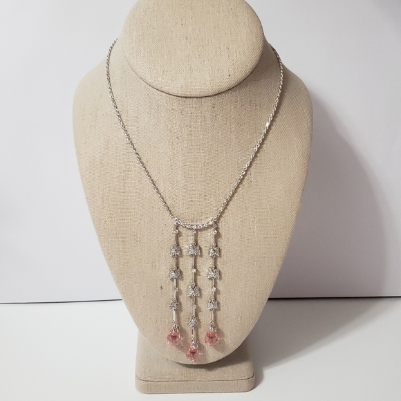 Sterling Silver Three Strand Pink Butterfly Rhinestone Necklace Made in Italy - Picture 1 of 6
